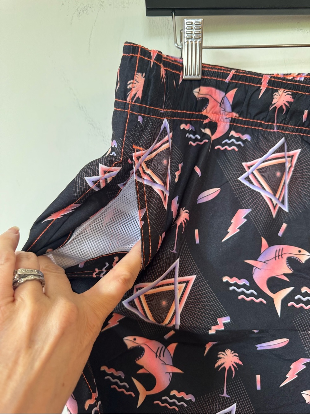 Party Sharks Neon 80s Shark Retro Surf Swim Trunks XL - Picture 3 of 7